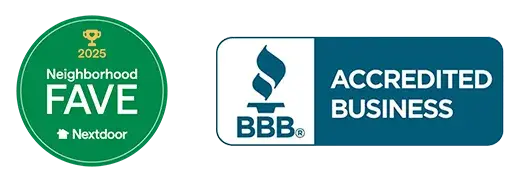 Nextdoor Neighborhood Fave 2025 badge and BBB accredited business badge
